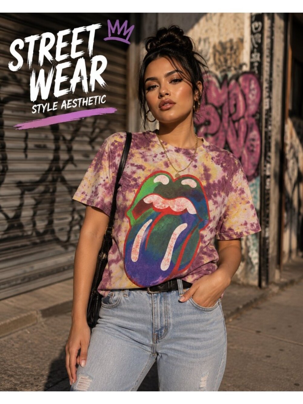 Alice + Olivia Jeans x The Rolling Stones Rainbow Tongue Tie Dye Graphic T-Shirt